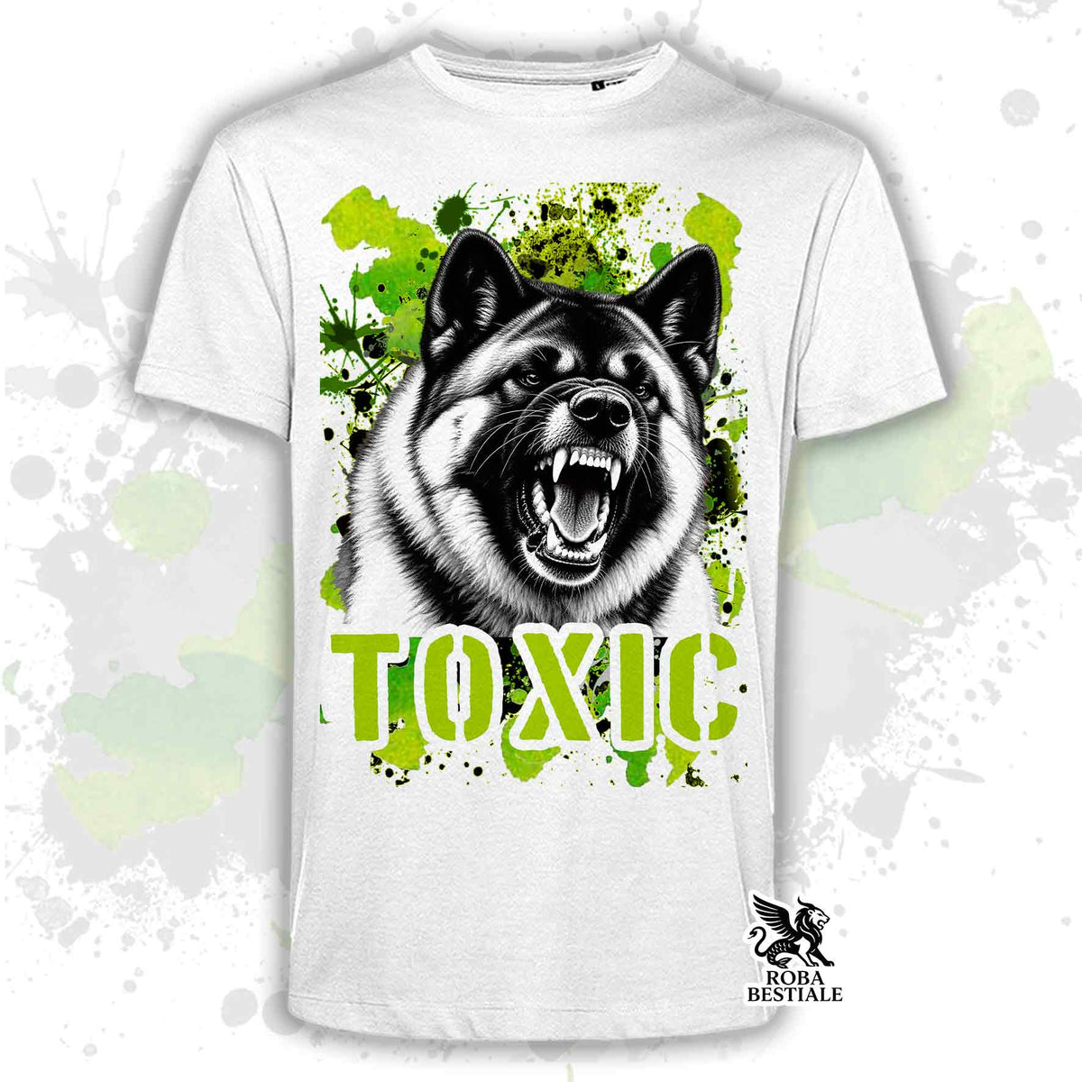 T-shirt bianca stampata con un Akita Americano con espressione arrabbiata. Grafica originale Roba Bestiale, collezione Toxic