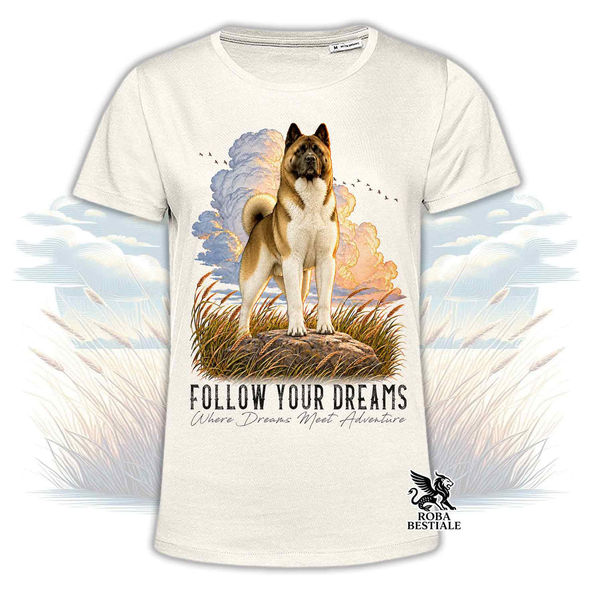 T-shirt beige stampata con un Akita Americano. Grafica originale Roba Bestiale, collezione Dream