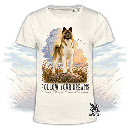 T-shirt beige stampata con un Akita Americano. Grafica originale Roba Bestiale, collezione Dream