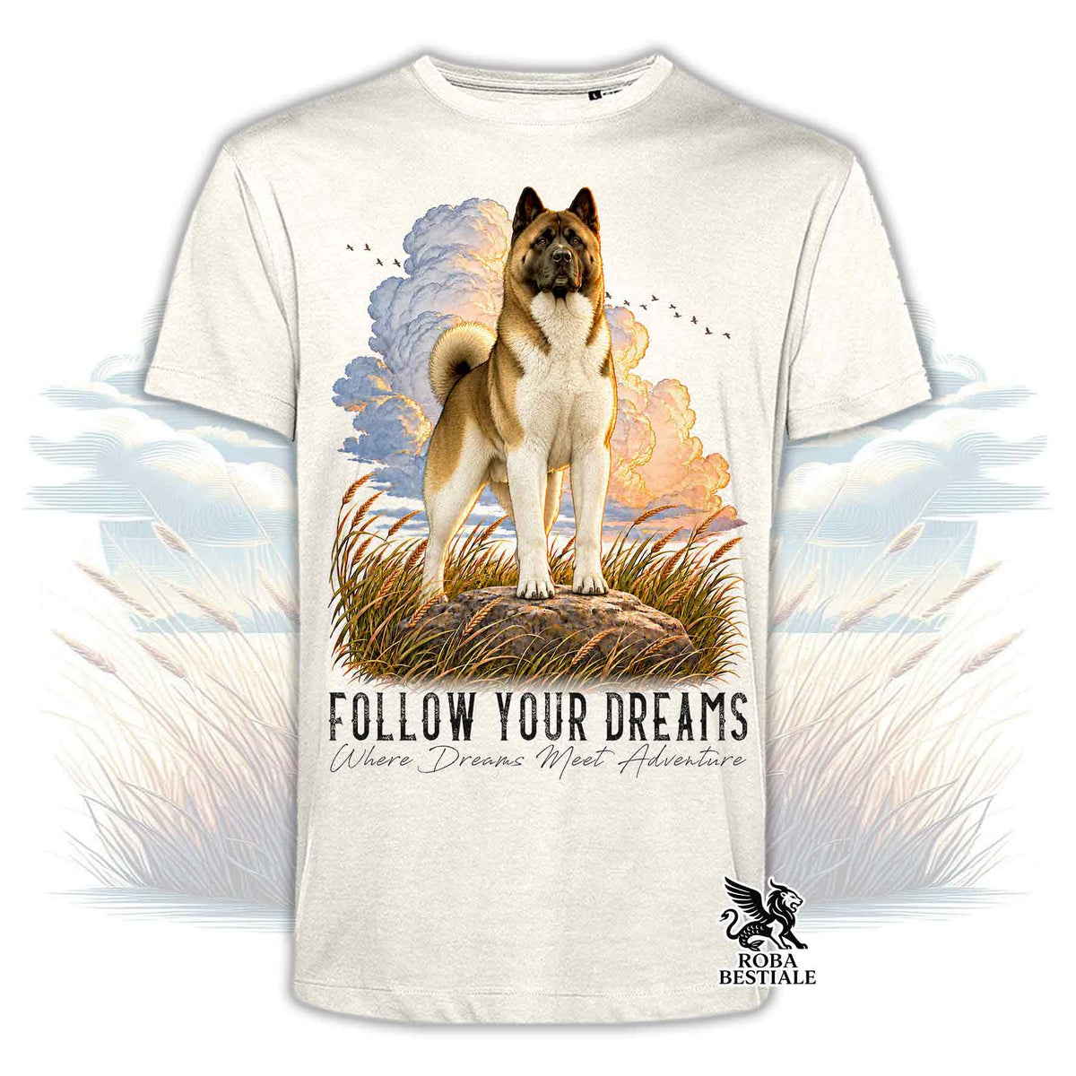 T-shirt beige stampata con un Akita Americano. Grafica originale Roba Bestiale, collezione Dream