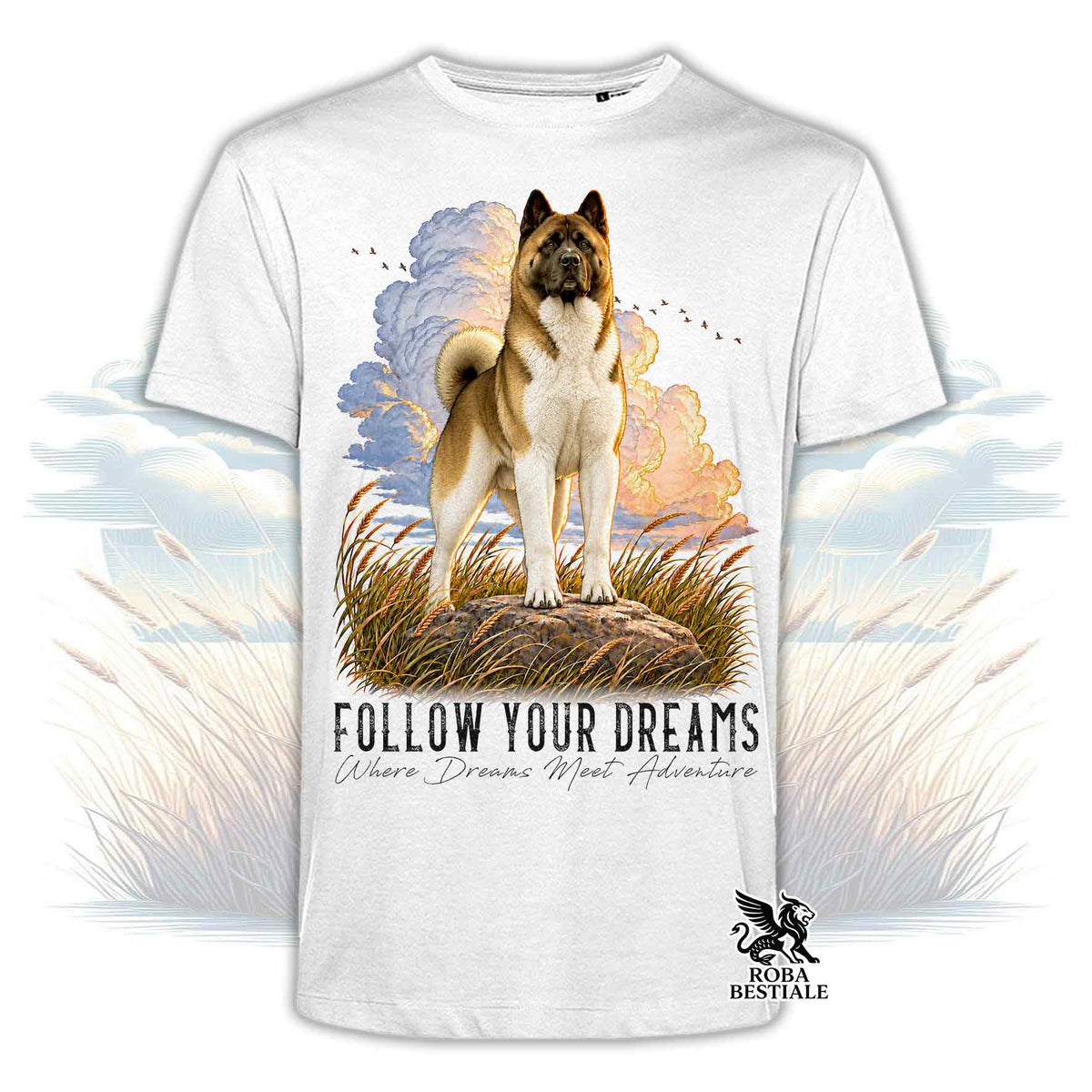 T-shirt bianca stampata con un Akita Americano. Grafica originale Roba Bestiale, collezione Dream