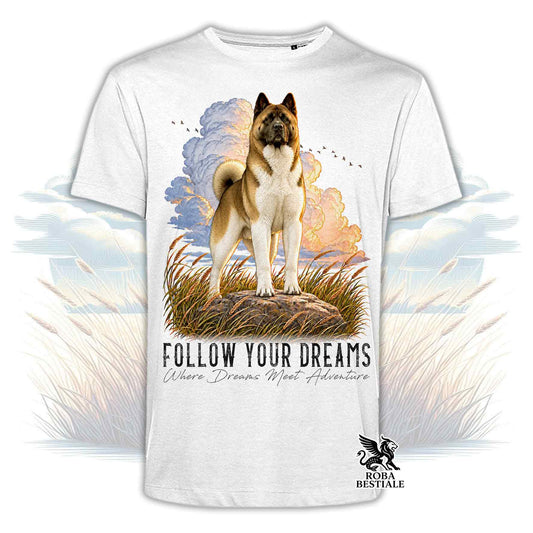 T-shirt bianca stampata con un Akita Americano. Grafica originale Roba Bestiale, collezione Dream