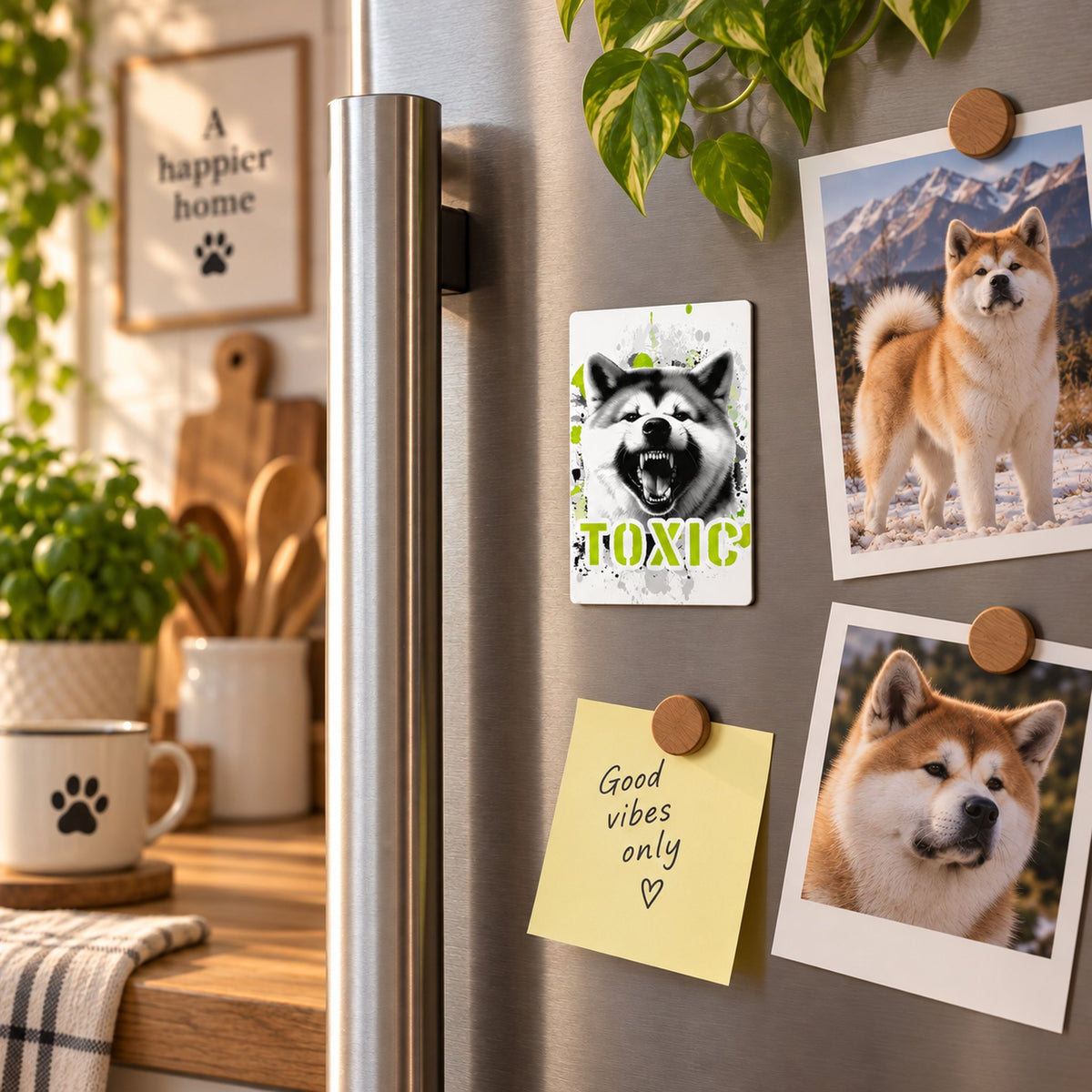 Calamita in MDF con la stampa di un Akita Inu Giapponese. Idea regalo per amanti dei cani, da Roba Bestiale
