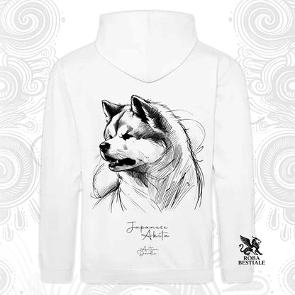 Felpa con cappuccio bianca con stampa cane Akita bianco e nero
