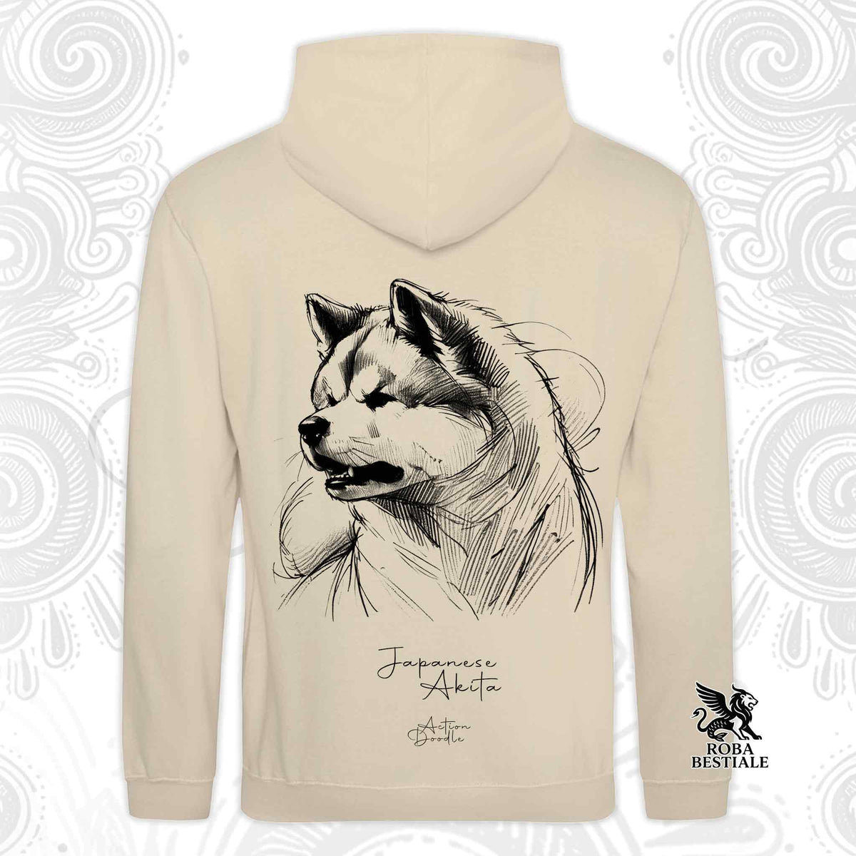 Felpa con cappuccio sabbia con stampa cane Akita bianco e nero