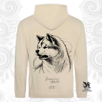 Felpa con cappuccio sabbia con stampa cane Akita bianco e nero