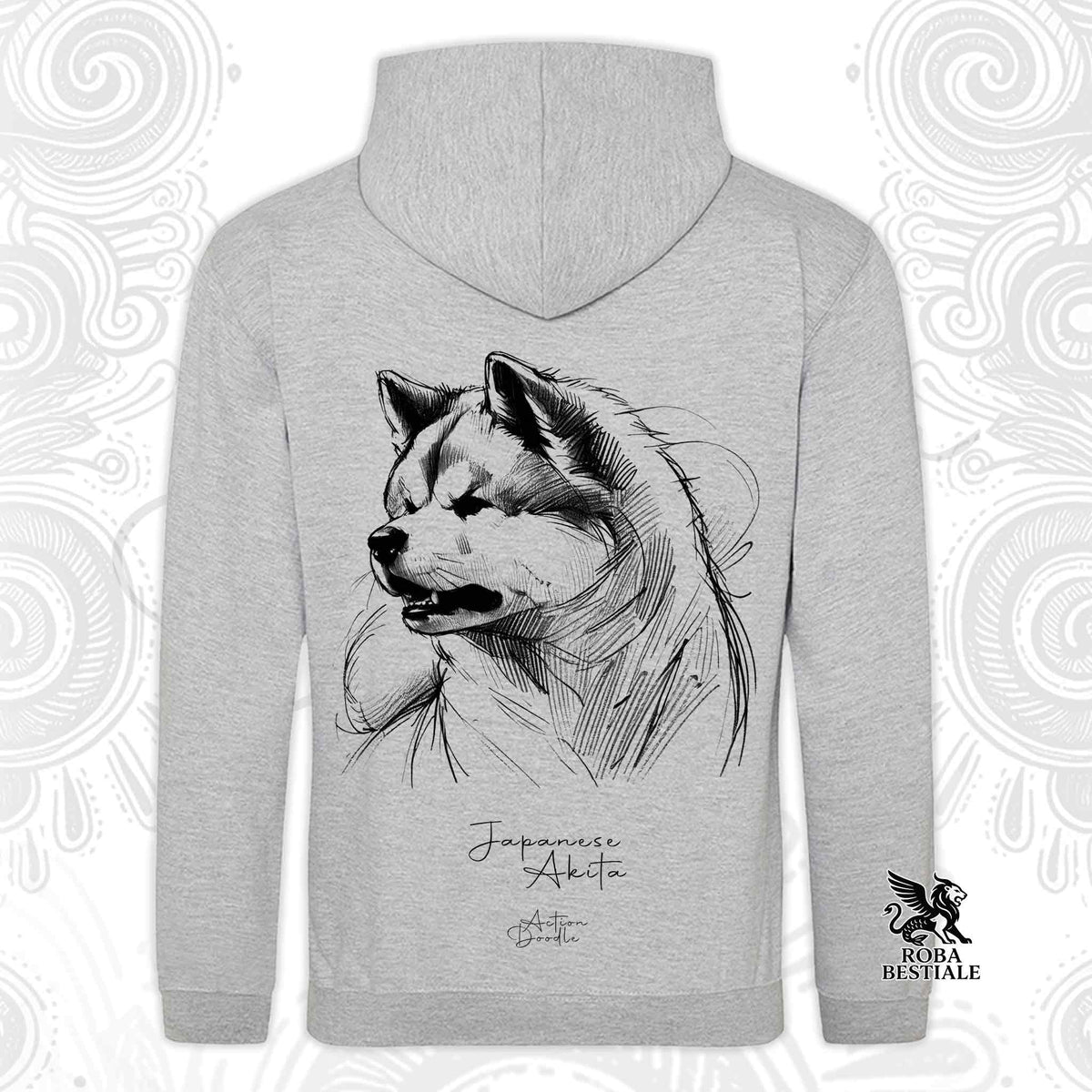 Felpa con cappuccio grigio mélange con stampa cane Akita bianco e nero