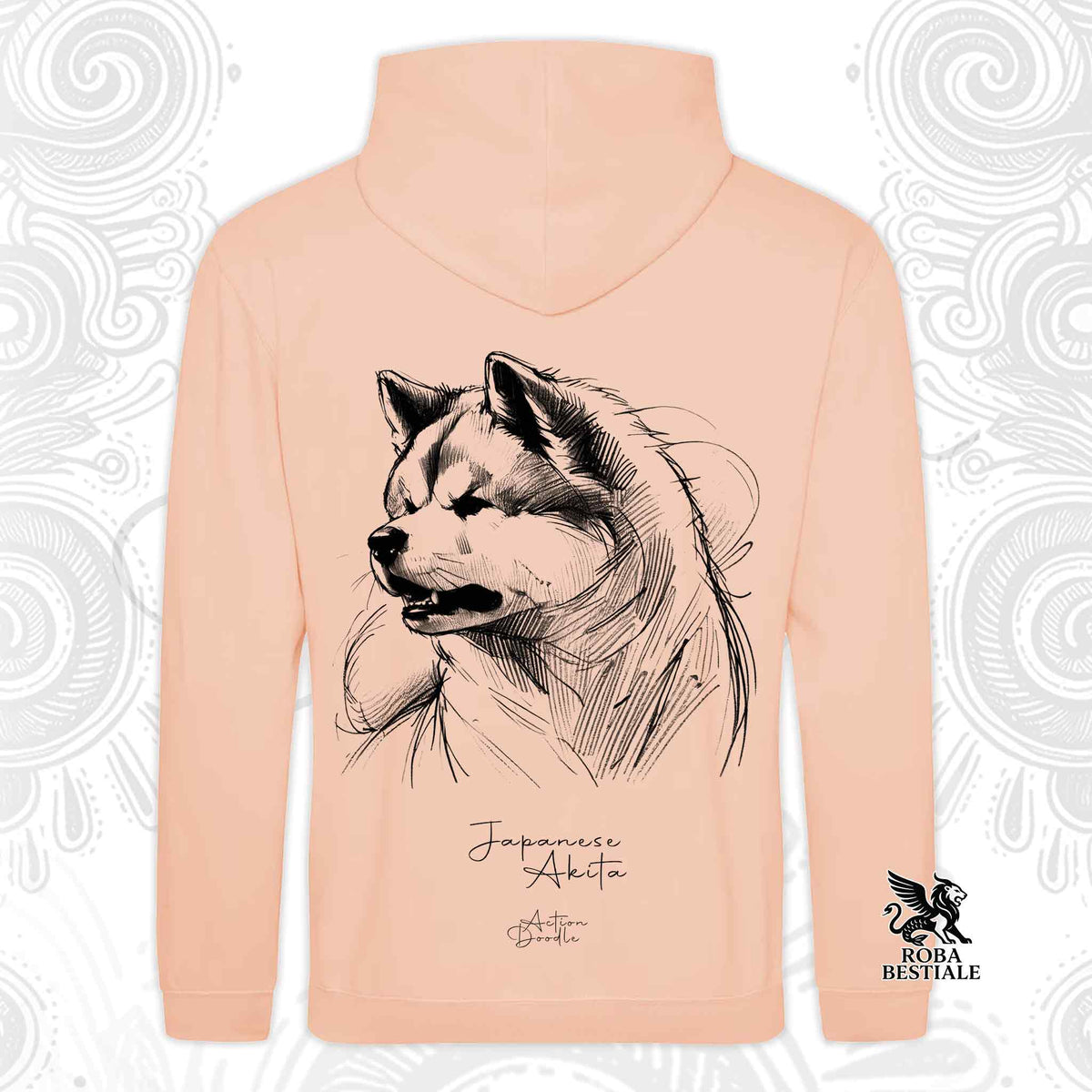 Felpa con cappuccio rosa pesca con stampa cane Akita in bianco e nero