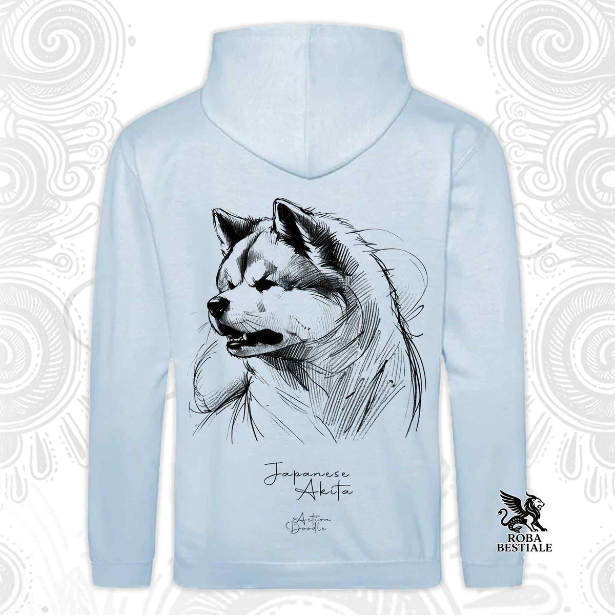 Felpa con cappuccio blu cielo con stampa cane Akita bianco e nero