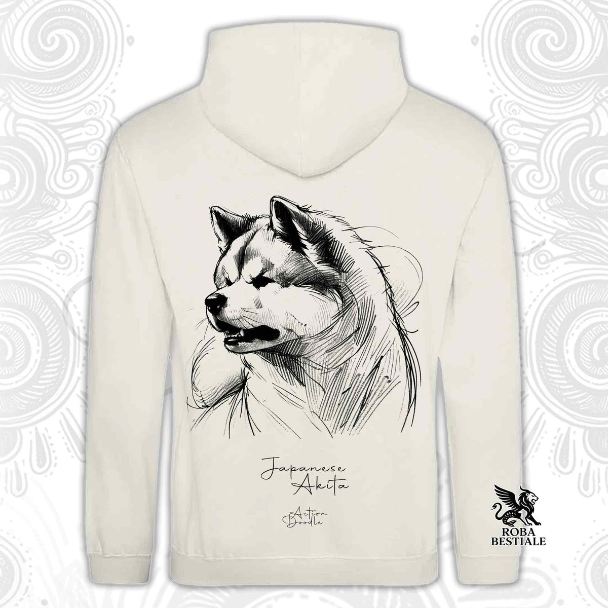 Felpa con cappuccio crema con stampa cane Akita bianco e nero