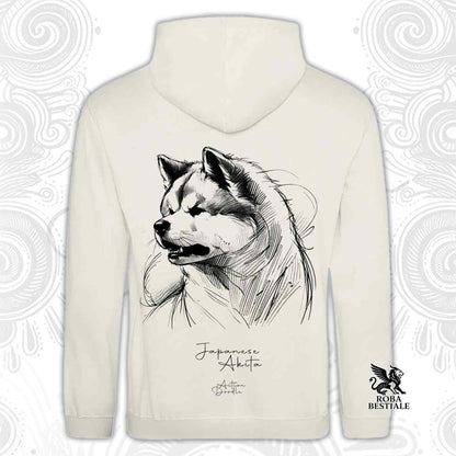 Felpa con cappuccio crema con stampa cane Akita bianco e nero