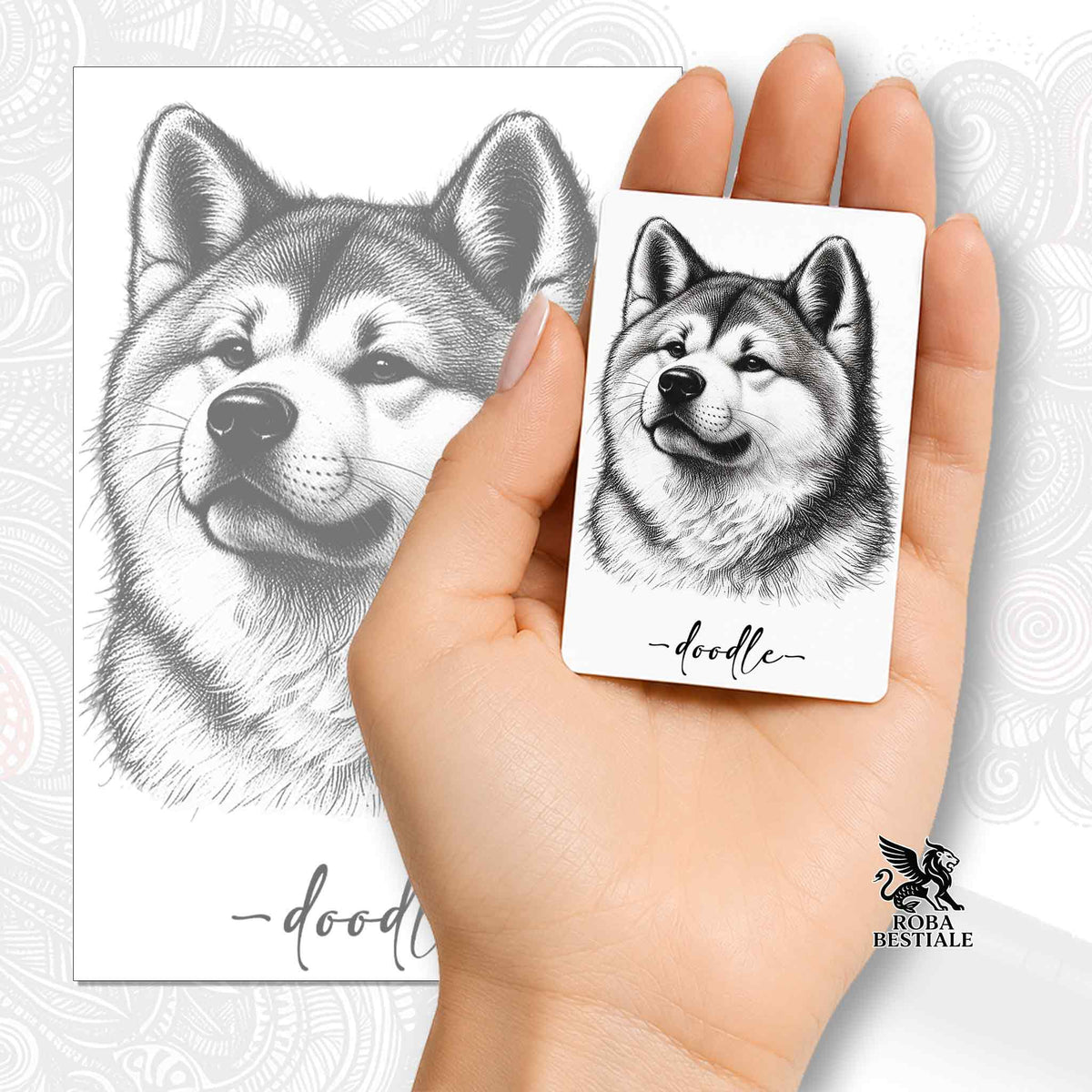 Calamita con Akita Inu in bianco e nero