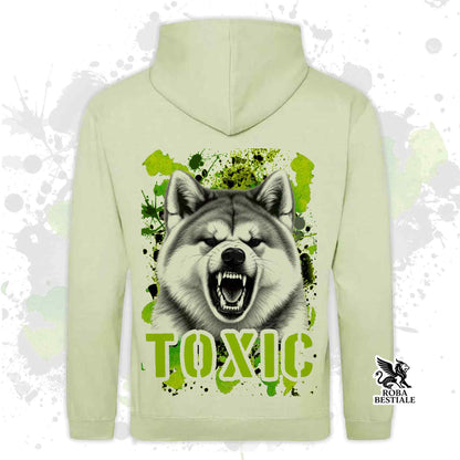 Felpa con cappuccio verde pistacchio con stampa cane e scritta TOXIC sul davanti
