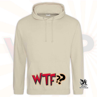 Felpa beige con cappuccio e tasca, scritta WTF?? rossa/blu