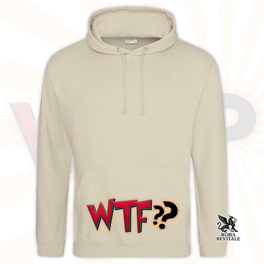 Felpa beige con cappuccio e tasca, scritta WTF?? rossa/blu