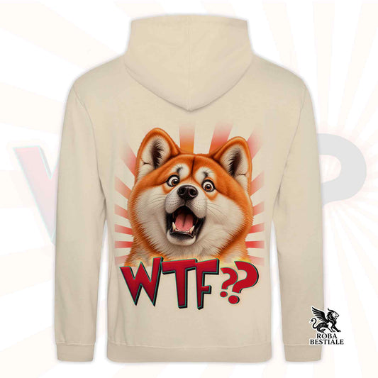 Felpa beige con cappuccio e tasca, stampa cane arancione e WTF??