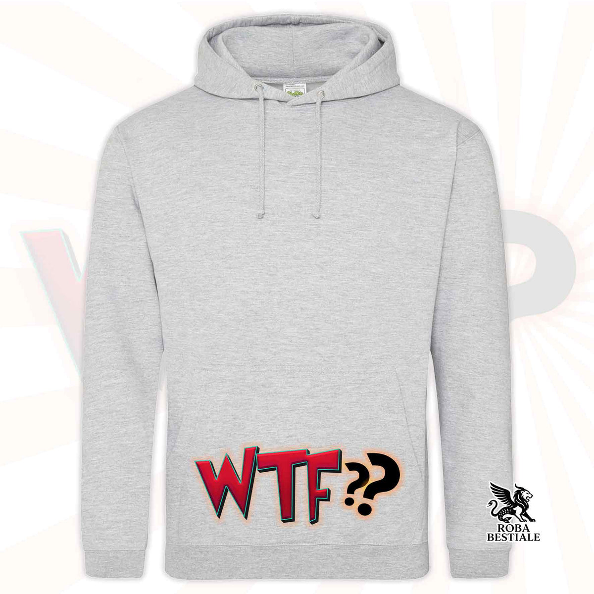 Felpa grigio melange con cappuccio e tasca, scritta WTF?? rossa/blu