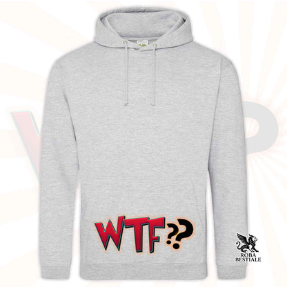 Felpa grigio melange con cappuccio e tasca, scritta WTF?? rossa/blu