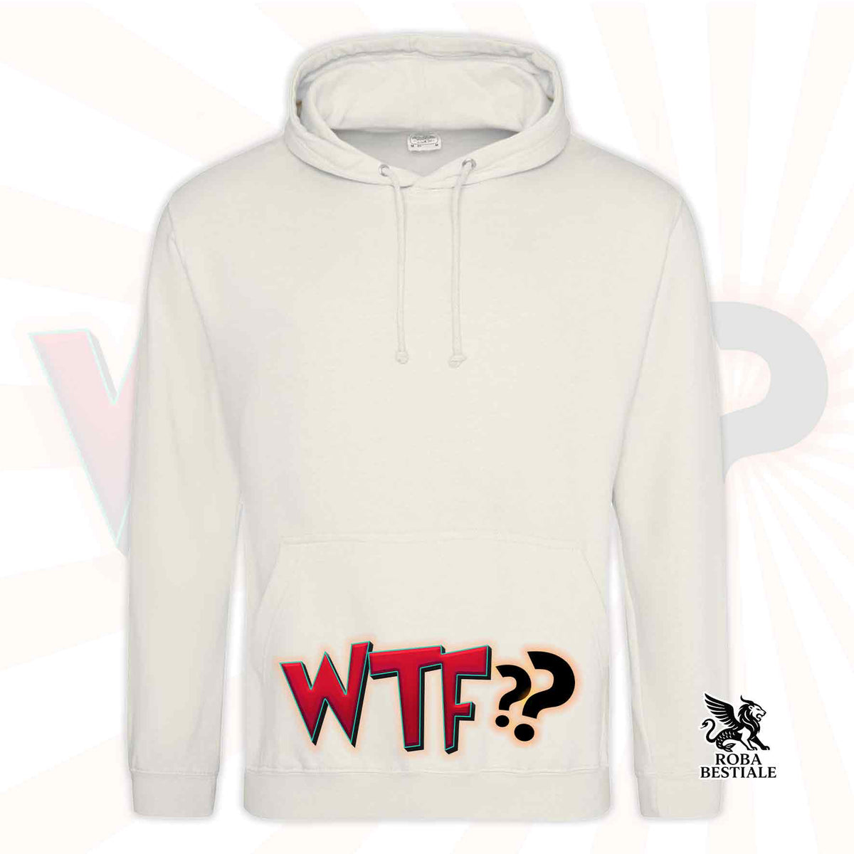 Felpa crema con cappuccio e tasca, scritta WTF?? rossa/blu