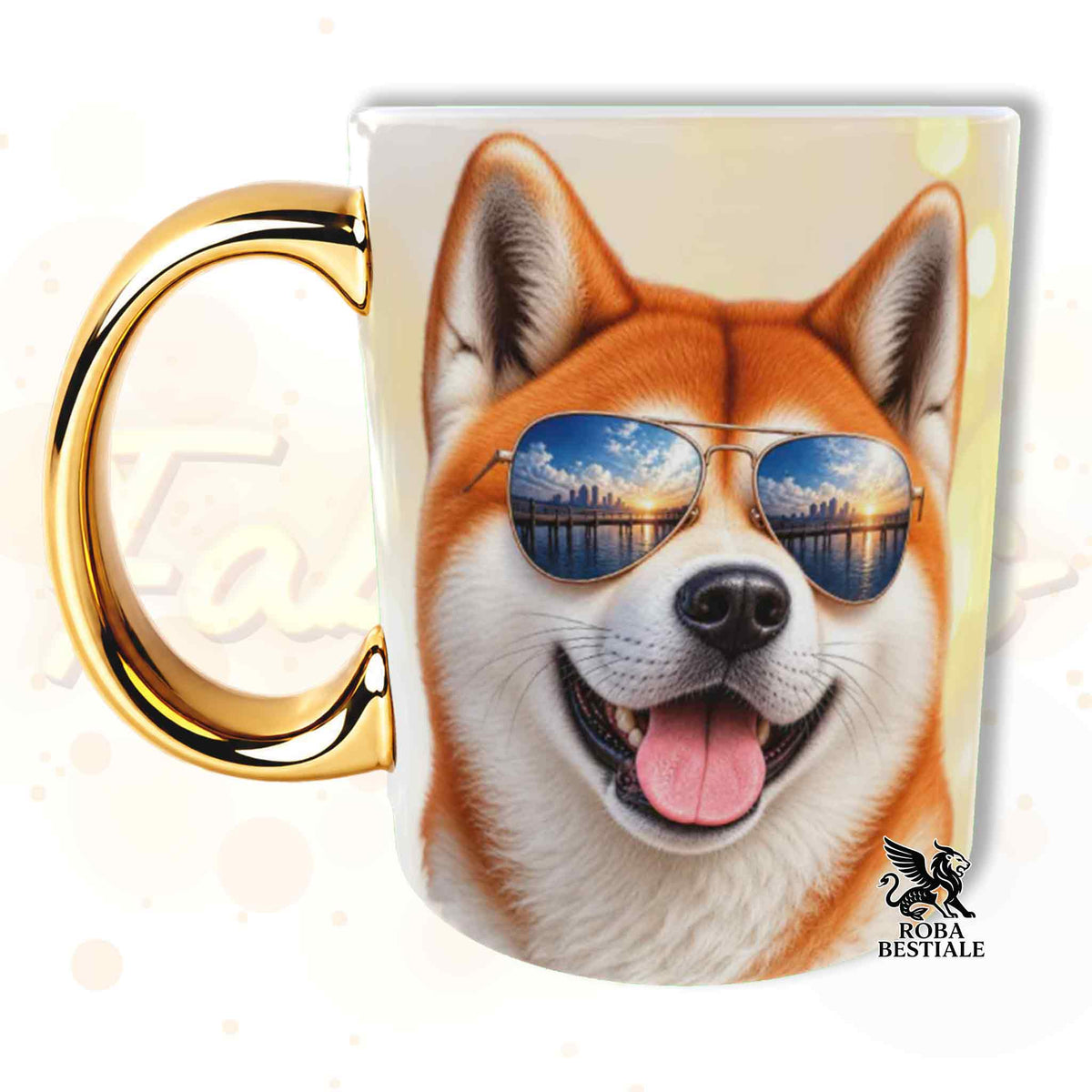 Tazza con stampa Akita rossa con occhiali da sole e lingua, su sfondo chiaro