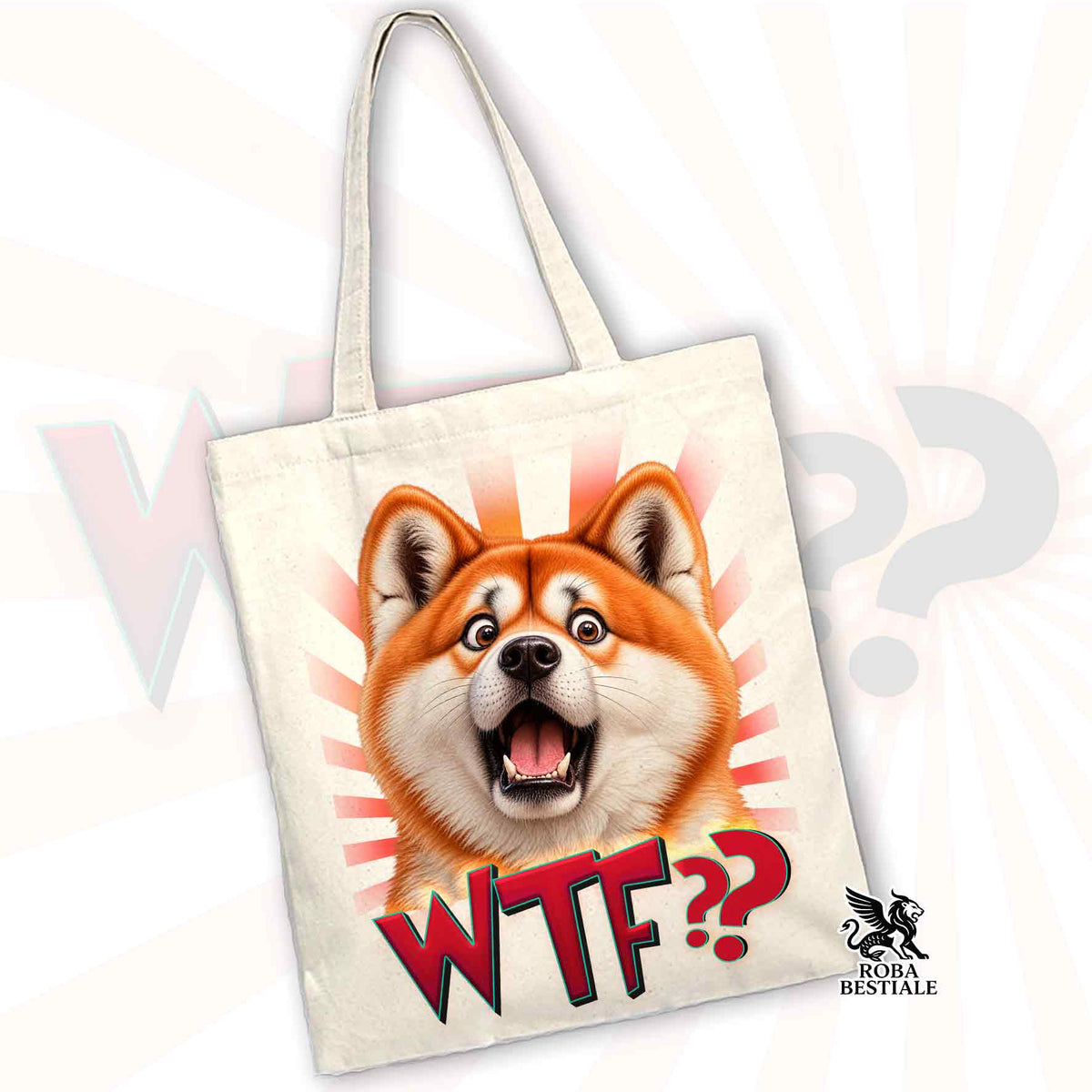 Shopping bag in tela bianca con manici lunghi e grafica rossa blu WTF con Akita