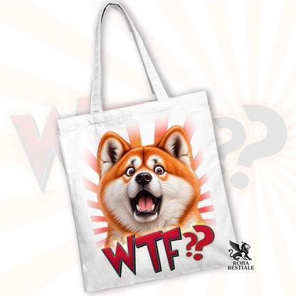 Borsa tote bianca in tela con stampa frontale del cane Akita e manici lunghi