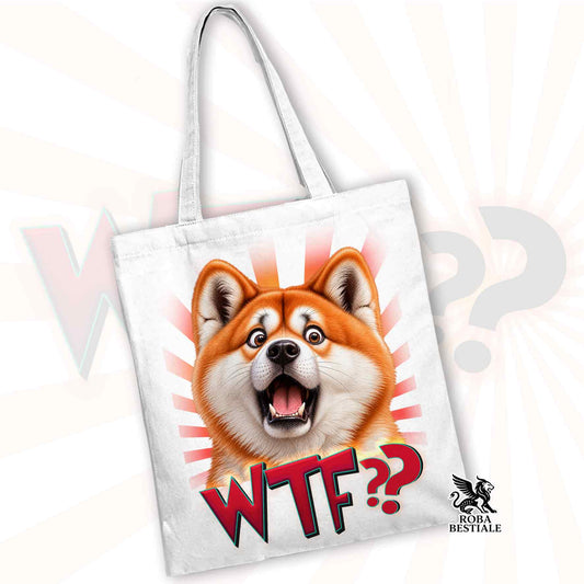Borsa tote bianca in tela con stampa frontale del cane Akita e manici lunghi