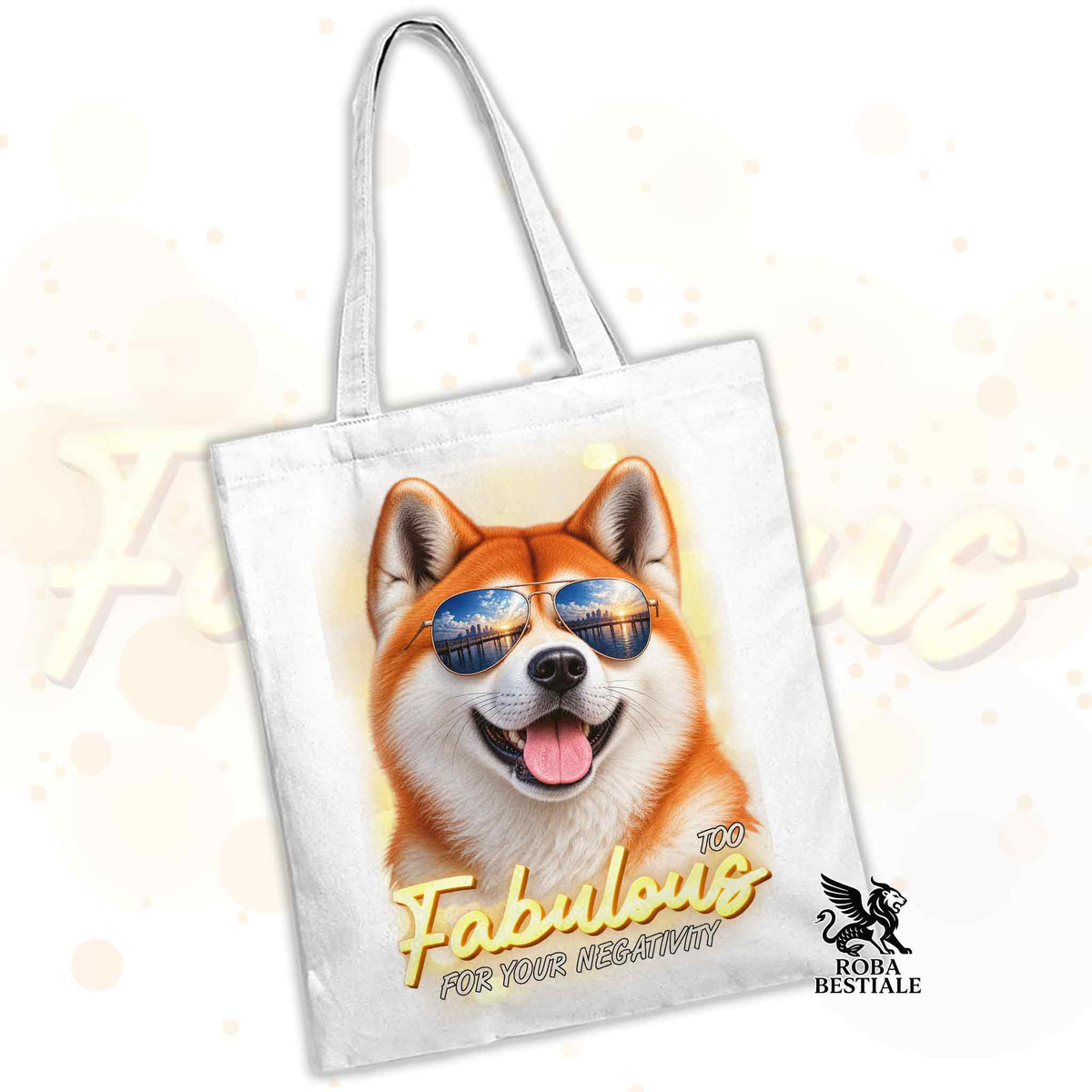 Borsa tote in tela chiara con cane Akita con occhiali e scritta Fabulous