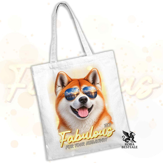 Borsa tote in tela chiara con cane Akita con occhiali e scritta Fabulous