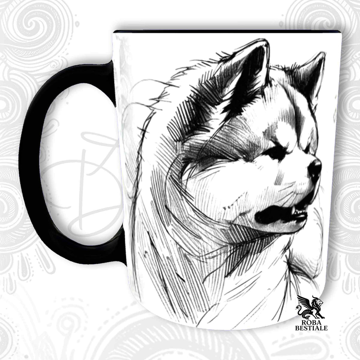Tazza in ceramica bianca con illustrazione di Akita stile doodle e manico nero