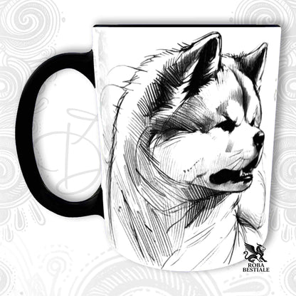 Tazza in ceramica bianca con illustrazione di Akita stile doodle e manico nero