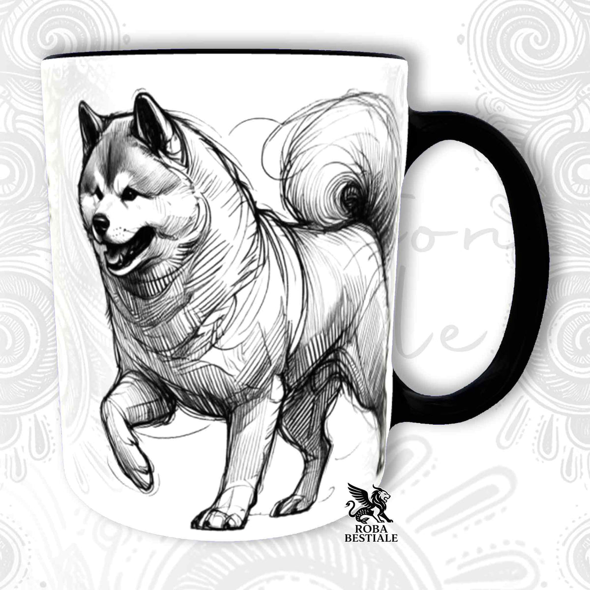 Tazza bianca con illustrazione di Akita in stile doodle, zampa alzata e manico nero