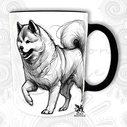 Tazza bianca con illustrazione di Akita in stile doodle, zampa alzata e manico nero