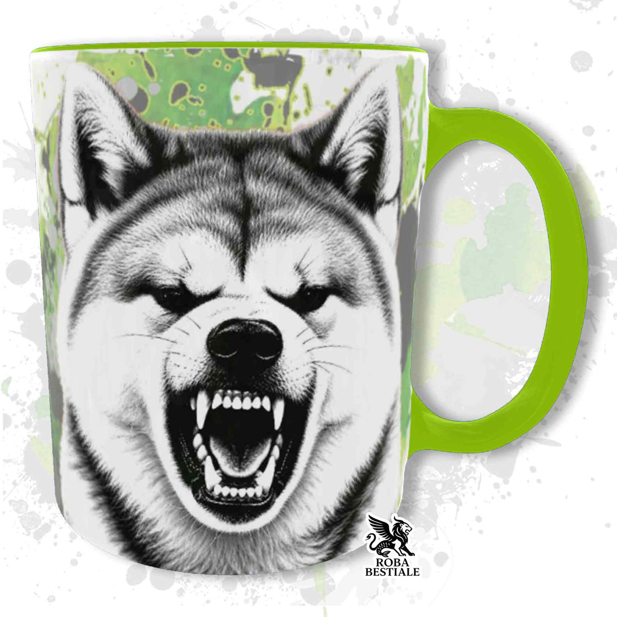 Tazza con manico verde e stampa cane Akita urlante su sfondo verde