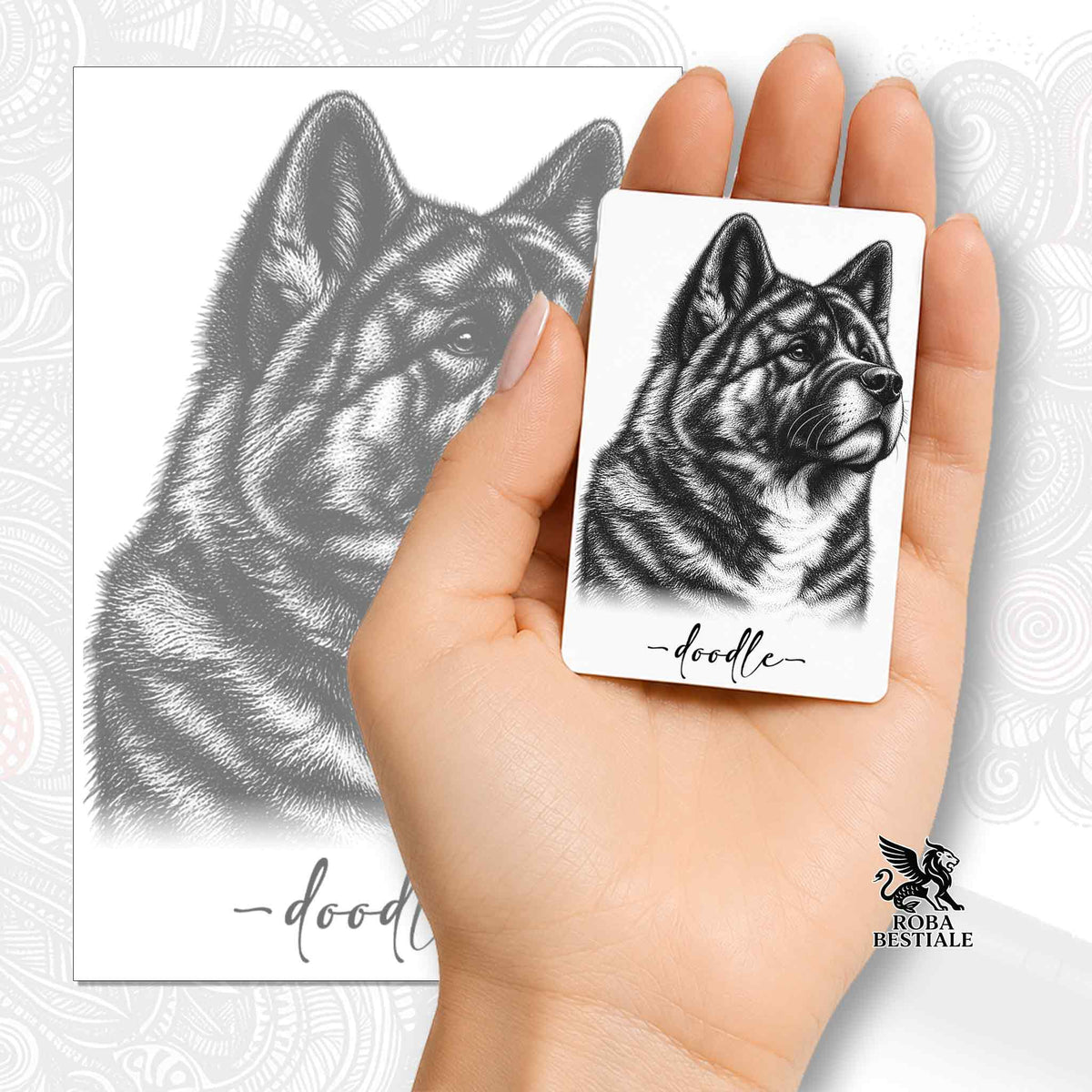 Calamita rettangolare con illustrazione di cane tigrato stile doodle, finitura lucida