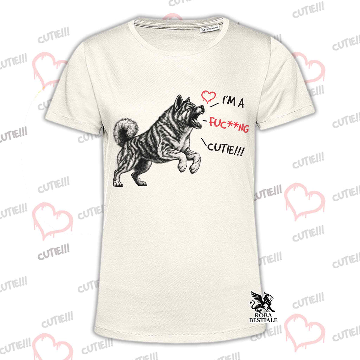 T-shirt beige con stampa Akita a righe e scritta con cuori sul petto