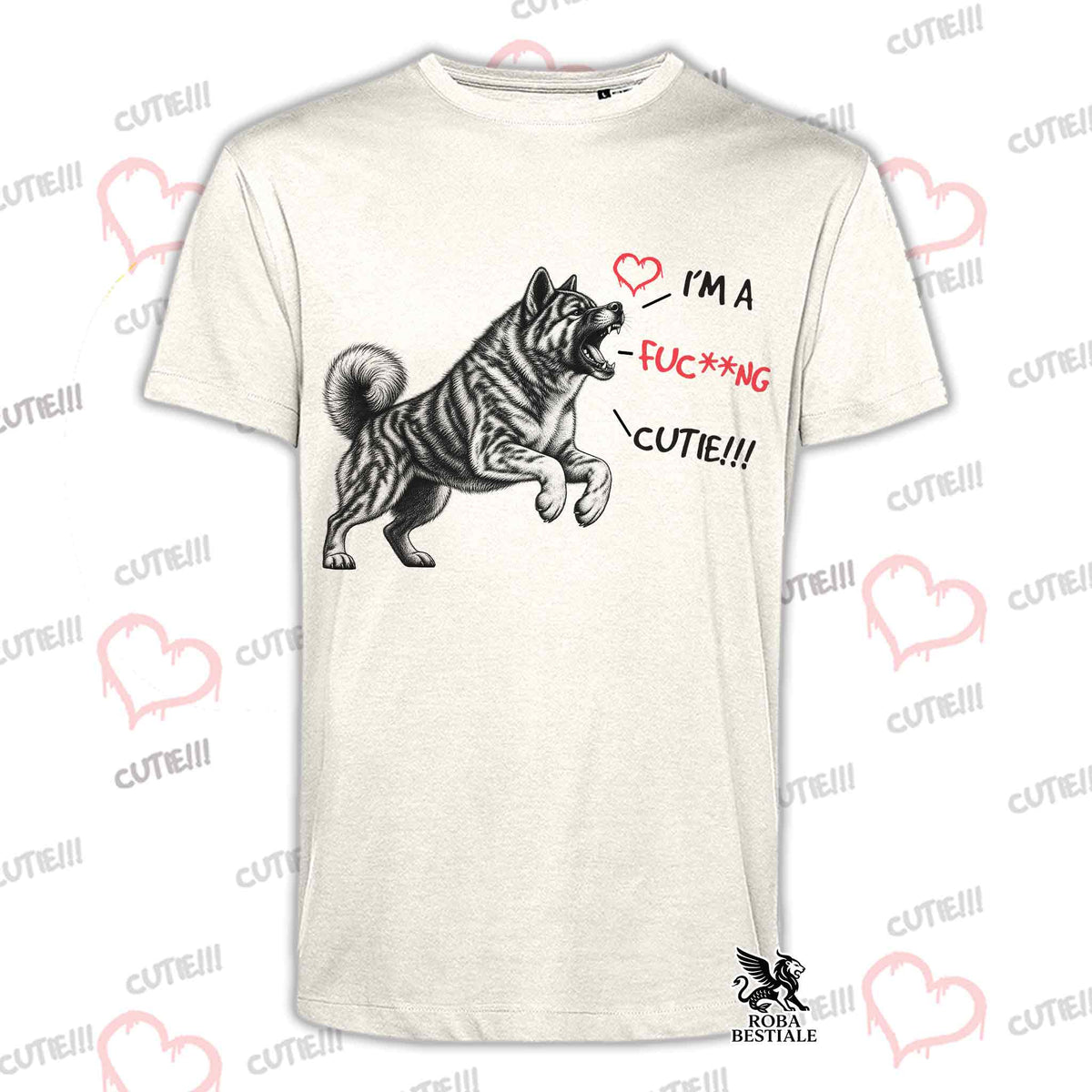 T-shirt beige con stampa Akita a righe e grafica con cuori sul petto