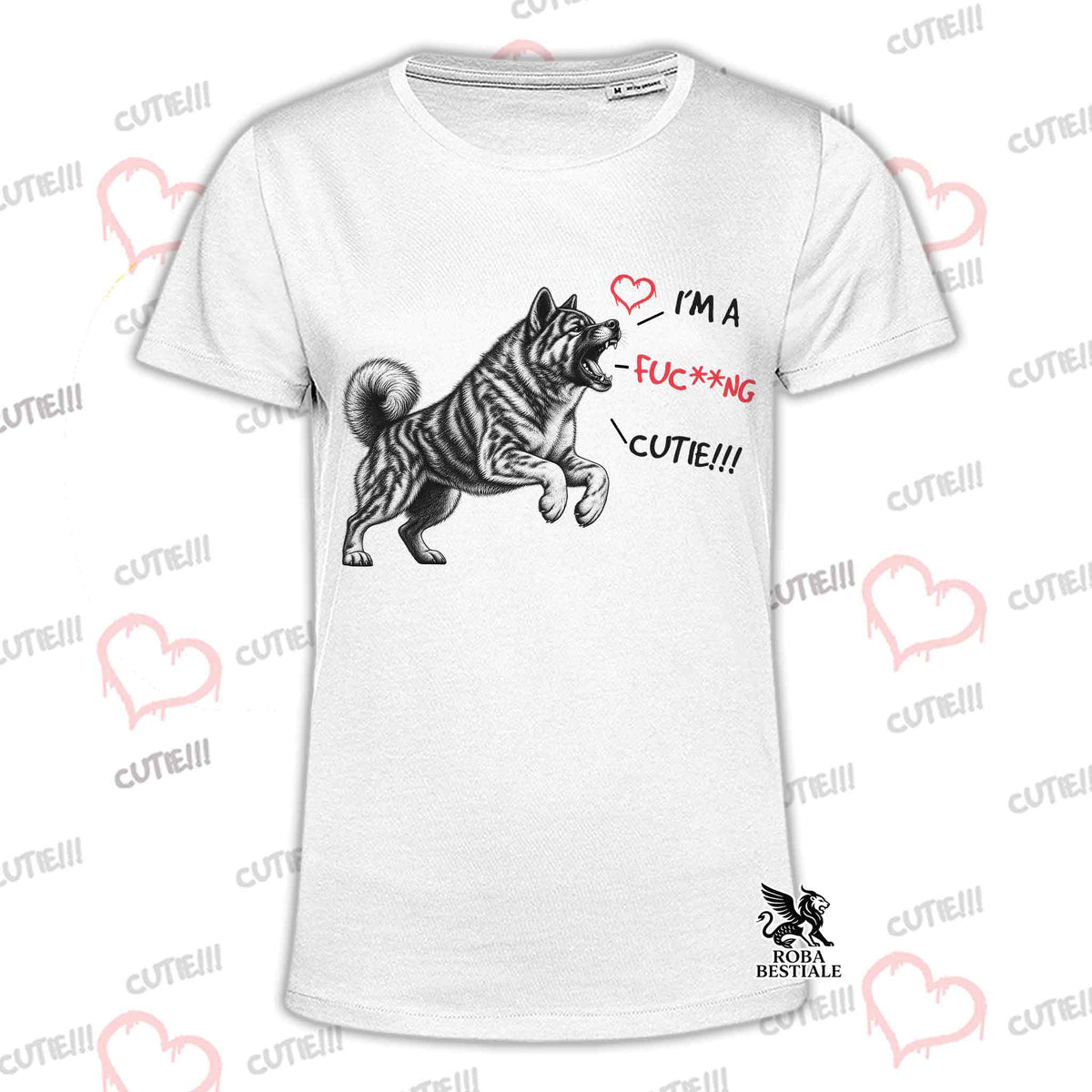 T-shirt bianca con stampa Akita a righe sul davanti e logo sul basso orlo