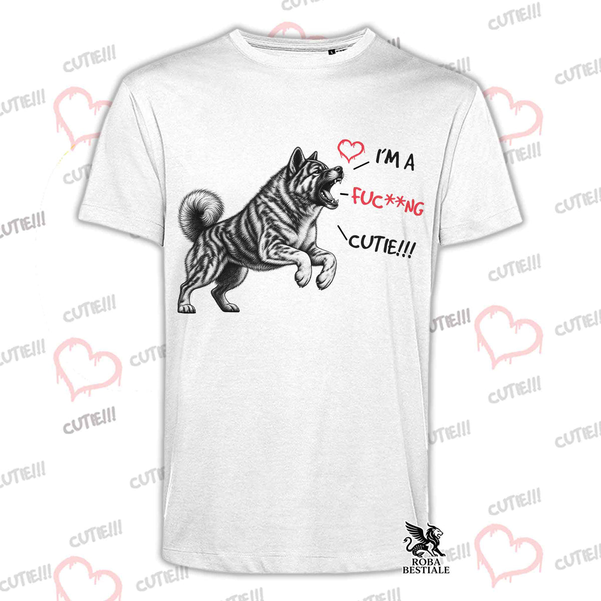 T-shirt bianca con stampa Akita a righe e scritta con cuori sul petto