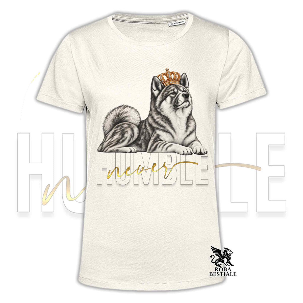 T-shirt beige con stampa di cane tigrato con corona e scritta "Never Humble"
