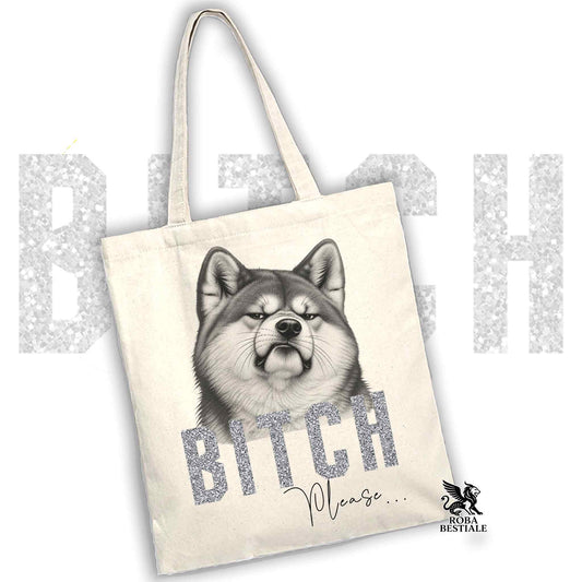 Borsa tote beige con stampa cane Akita e scritta BITE, manici beige