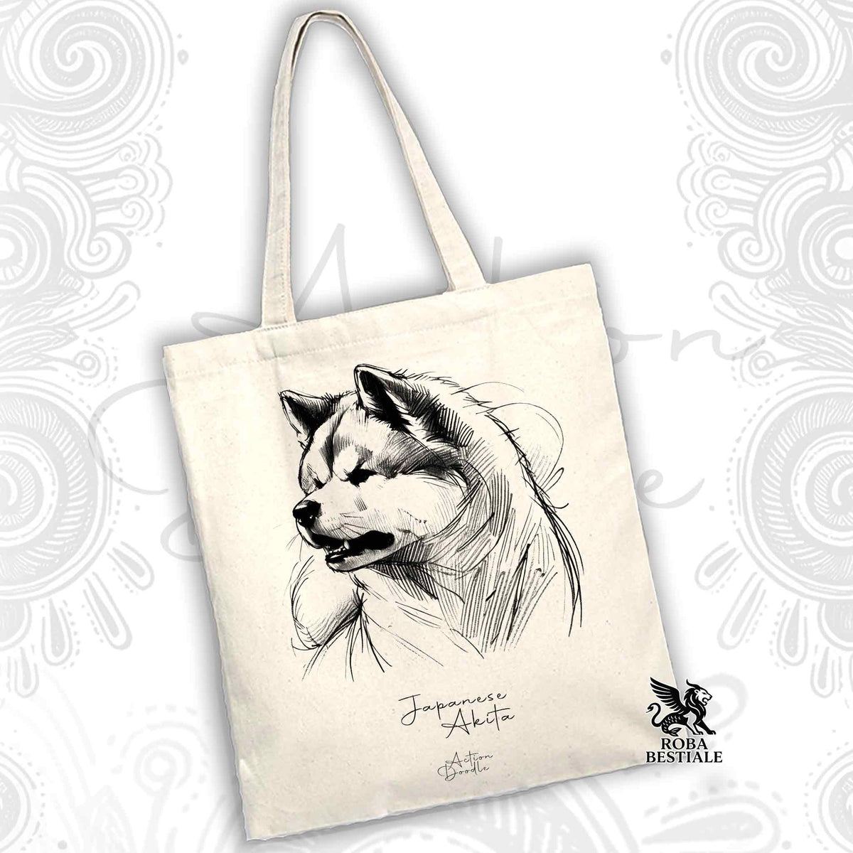 Borsa shopper in tela chiara con illustrazione di cane Akita, manici lunghi