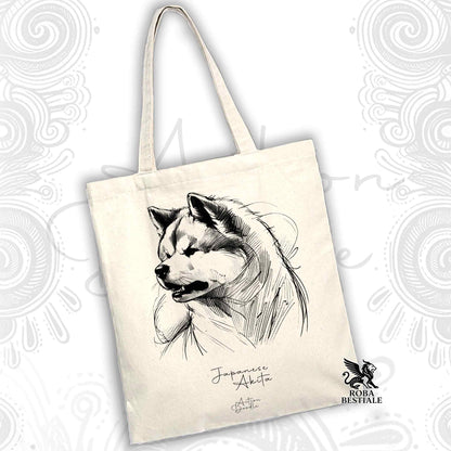 Borsa shopper in tela chiara con illustrazione di cane Akita, manici lunghi