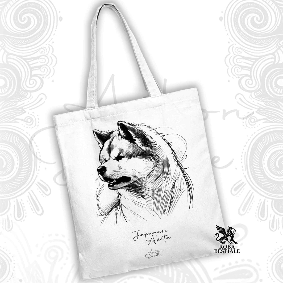 Borsa tote in tela bianca con stampa di cane Akita e manici lunghi