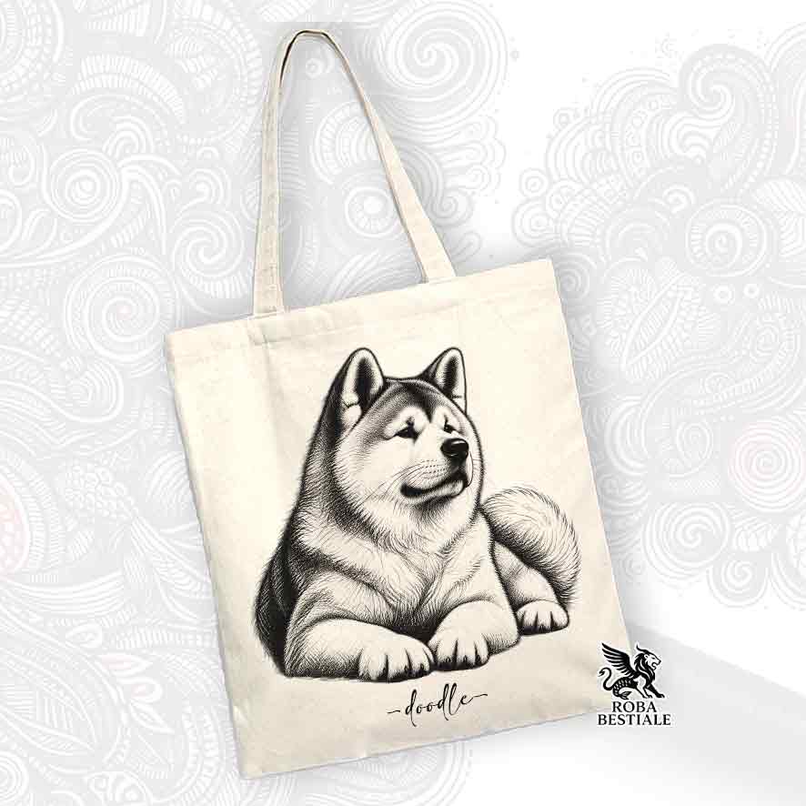 Borsa tote beige chiaro con illustrazione doodle di cane Akita frontale