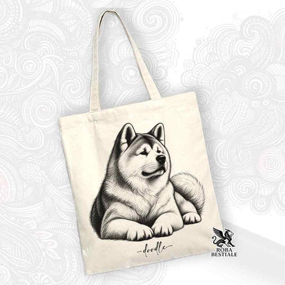 Borsa tote beige chiaro con illustrazione doodle di cane Akita frontale