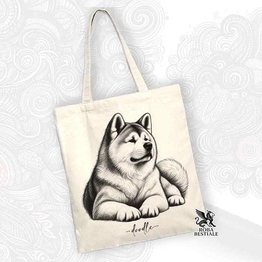 Borsa tote beige chiaro con illustrazione doodle di cane Akita frontale