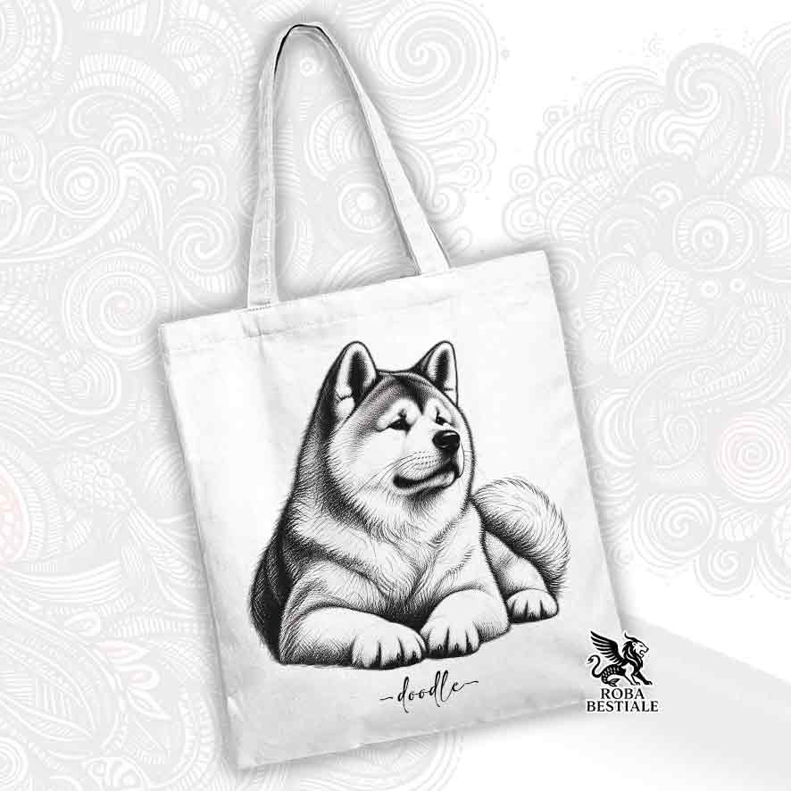 Borsa tote bianca con illustrazione doodle di cane Akita frontale