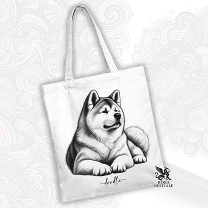 Borsa tote bianca con illustrazione doodle di cane Akita frontale
