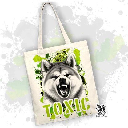 Borsa tote in tela bianca con grafica TOXIC verde e cane AKITA in primo piano